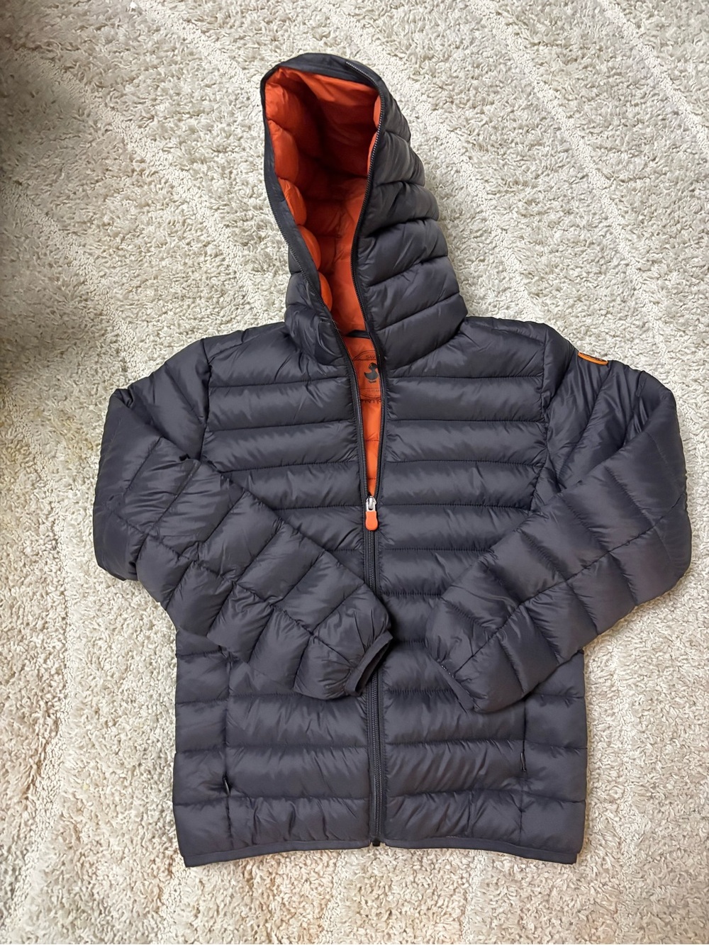SAVE THE DUCK Black Hooded Puffer Jacket with Orange Lining - Picture 2 of 5